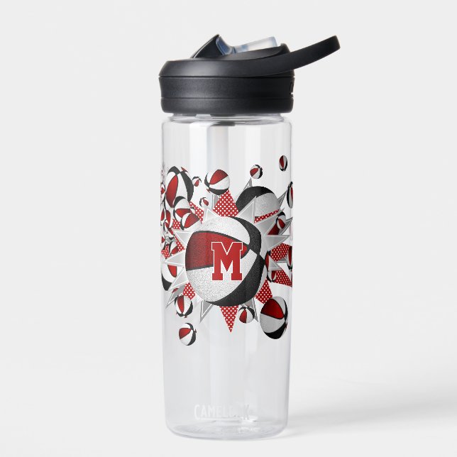 red black basketballs stars girls monogrammed water bottle (Left)