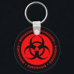 Red & Black Biohazard Symbol Keychain w/ Text<br><div class="desc">Red and black biohazard symbol keychain with warning text.</div>