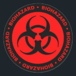 Red & Black Biohazard Symbol Sticker w/ Text<br><div class="desc">Red and black biohazard symbol sticker with warning text.</div>
