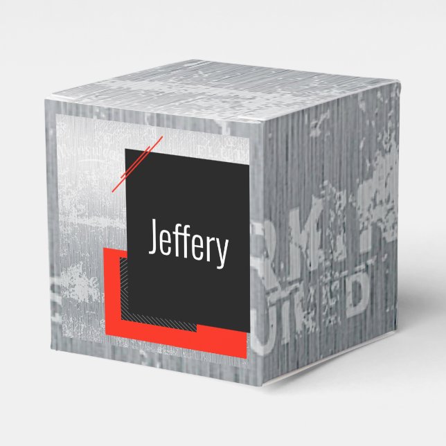 Red, black, black and white pinstripe print favor box (Front Side)