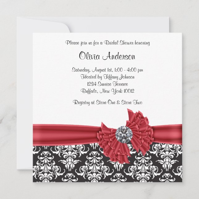 Red Black Black Damask Bridal Shower Invitation (Front)