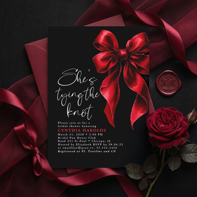 Red Black Bow She's Tying the Knot Bridal Shower Invitation (Black Bridal Shower Invitation With Red Bow She's Tying The Knot Chic Moody Gothic Romantic)