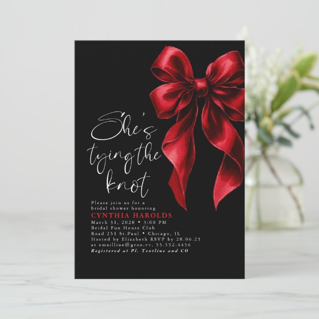 Red Black Bow She's Tying the Knot Bridal Shower Invitation (Standing Front)