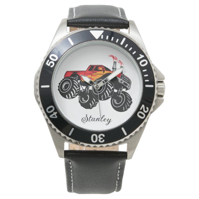 Red & Black Boys' Name Personalized Monster Truck Watch (Front)