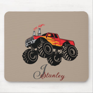 Red Black Boys' Rusty Name Monogram Monster Truck Mouse Pad