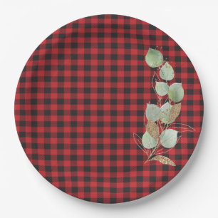 Red Black Buffalo Check Glitter Sage Botanical  Paper Plate
