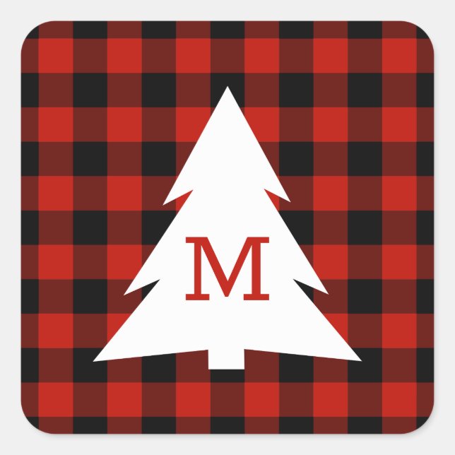 Red Black Buffalo Check Monogram Christmas Holiday Square Sticker (Front)