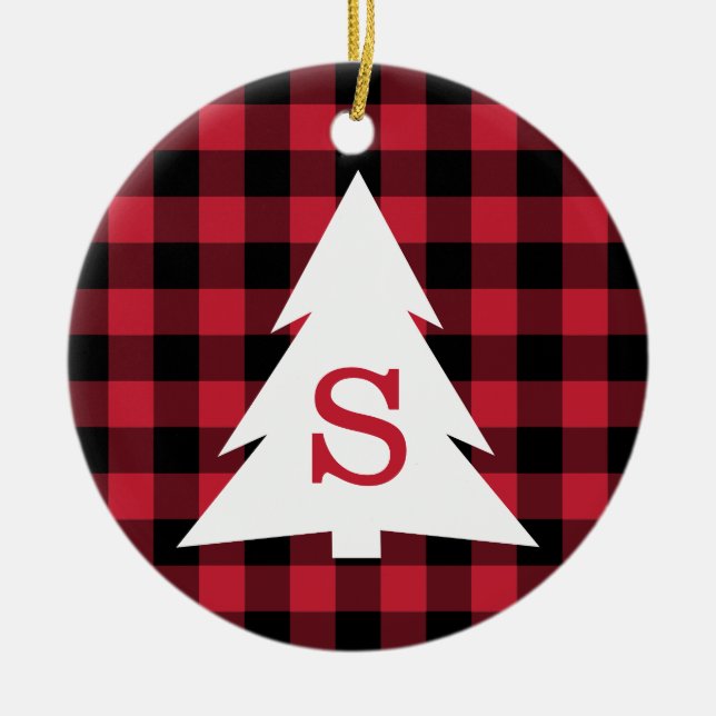 Red Black Buffalo Check Monogram Christmas Tree Ceramic Ornament (Front)