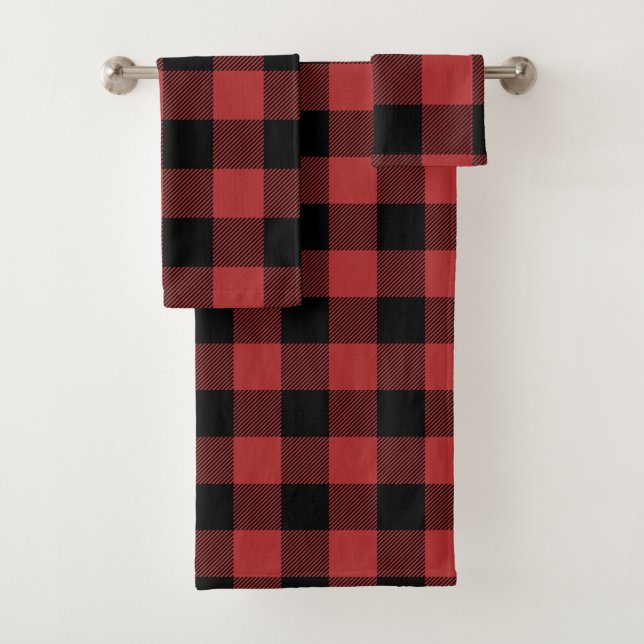 Red Black Buffalo Check Plaid Bath Towel Set (Insitu)