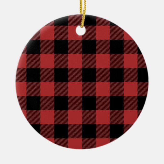Red Black Buffalo Check Plaid Ceramic Ornament (Front)