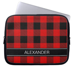 Red Black Buffalo Check Plaid Name Monogram Laptop Sleeve