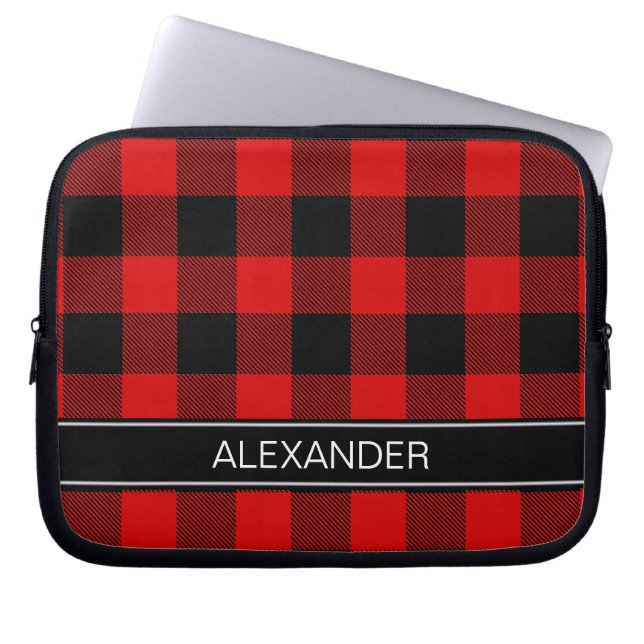Red Black Buffalo Check Plaid Name Monogram Laptop Sleeve (Front)