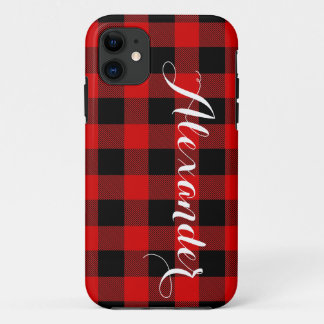 Red Black Buffalo Check Plaid Name Monogram NL iPhone 11 Case