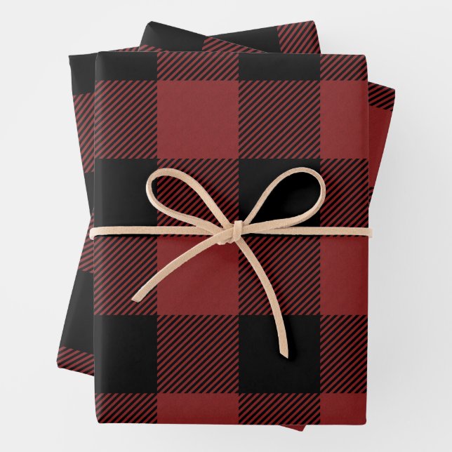 Red Black Buffalo Check Plaid Wrapping Paper Sheet (In situ)