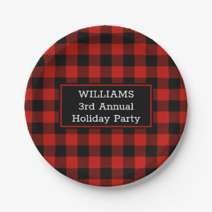 Red Black Buffalo Check Your Name Holiday Party Paper Plate
