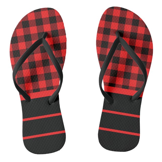 Red Black Buffalo Checks & Horizontal Stripes Flip Flops (Footbed)