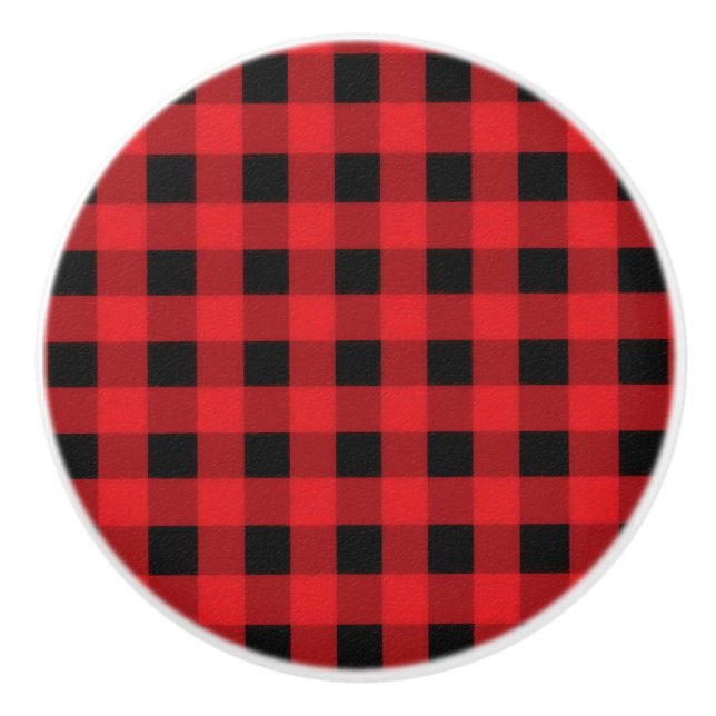 Red Black Buffalo Chequered Plaid Country Rustic Ceramic Knob (Front)