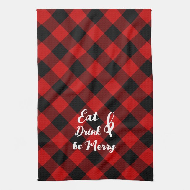 Red Black Buffalo Gingham Check Kitchen Towels (Vertical)