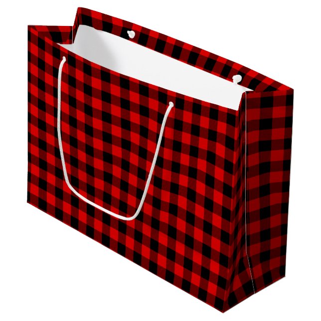 Red Black Buffalo Lumberjack Check Christmas Large Gift Bag (Front Angled)