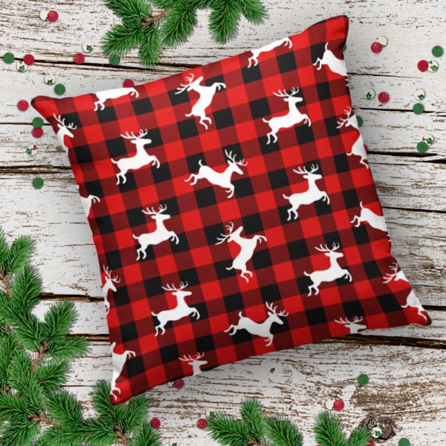 Red Black Buffalo Lumberjack Check Deer Pattern Outdoor Pillow (Creator Uploaded)