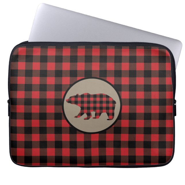 Red Black Buffalo Plaid Bear Laptop Sleeve (Front)