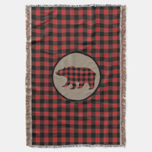 Red Black Buffalo Plaid Bear Throw Blanket