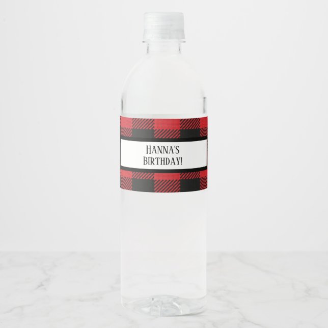 Red Black Buffalo Plaid Birthday Water Bottle Labe Label (Front)