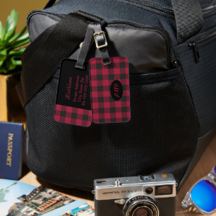 Red Black Buffalo Plaid Check Monogram Initials Luggage Tag