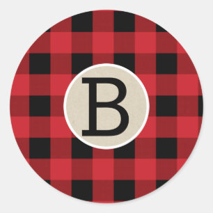 Red Black Buffalo Plaid Chequered Kraft Monogram Classic Round Sticker