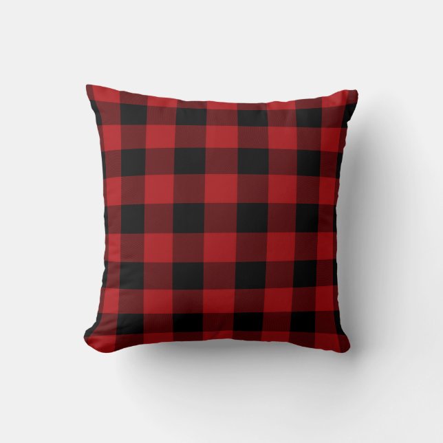 Red Black Buffalo Plaid Chequered Rustic Throw Pillow (Front)