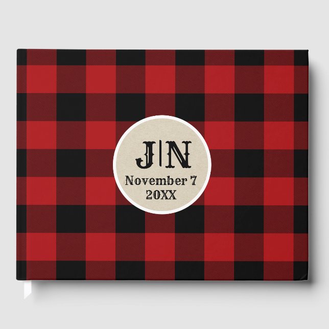 Red Black Buffalo Plaid Chequered Rustic Wedding Guest Book (Front)