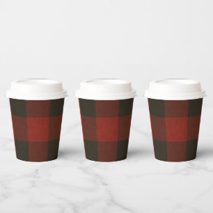 Red Black Buffalo Plaid Chequered Squares Holiday Paper Cups