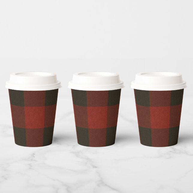 Red Black Buffalo Plaid Chequered Squares Holiday Paper Cups (Multi)