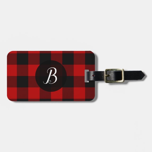 Red & Black Buffalo Plaid Chequered Squares Luggage Tag (Front Horizontal)