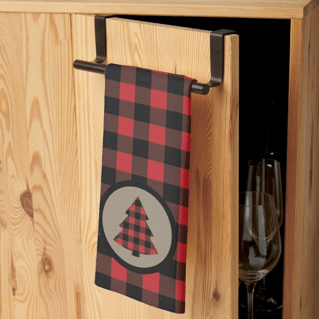 Red Black Buffalo Plaid Christmas Tree Kitchen Towel (Thirds Fold)