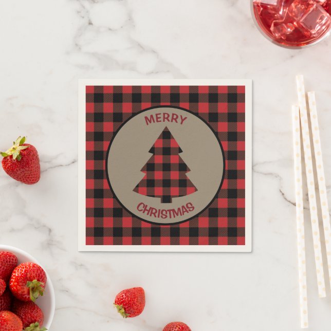 Red Black Buffalo Plaid Christmas Tree Napkin (Insitu)