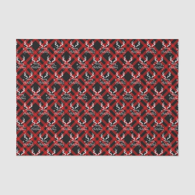 Red Black Buffalo Plaid Deer Antlers Christmas Tissue Paper (Front)