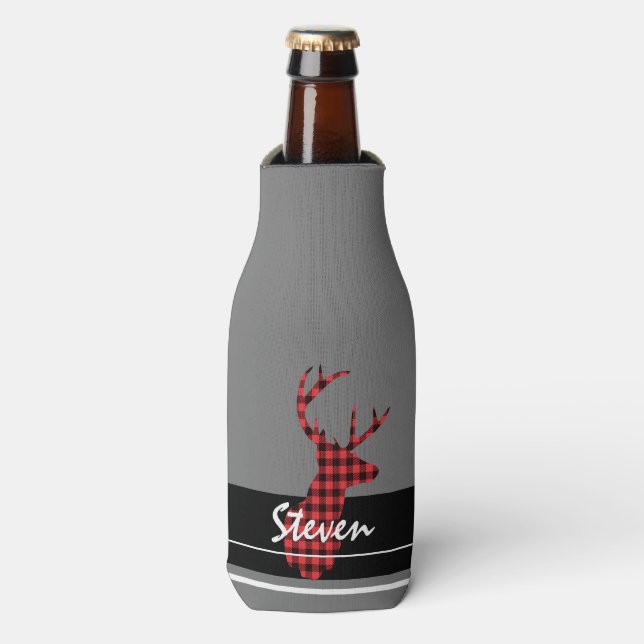 Red Black Buffalo Plaid Deer Hunter Customized Bottle Cooler (Bottle Front)