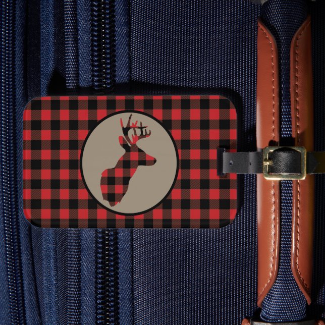 Red Black Buffalo Plaid Deer Luggage Tag (Front Insitu 4)
