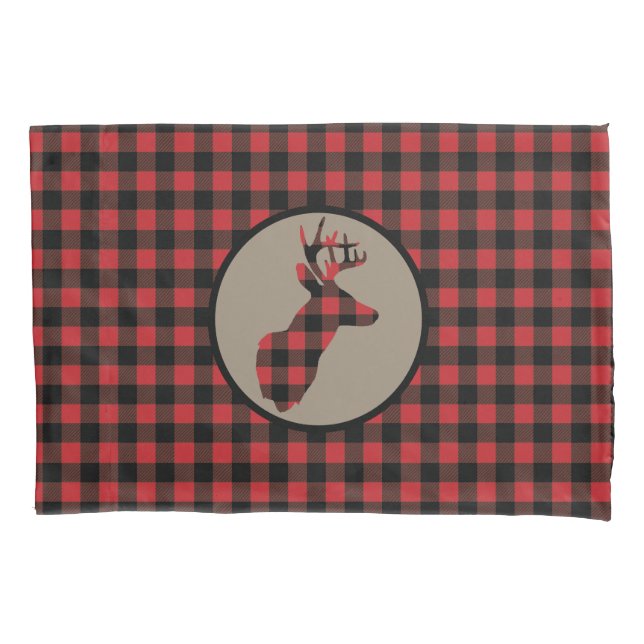Red Black Buffalo Plaid Deer Pillowcase (Front)