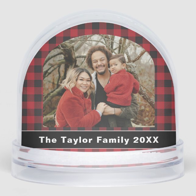 Red & Black Buffalo Plaid Family Photo Christmas Snowglobe (Front)