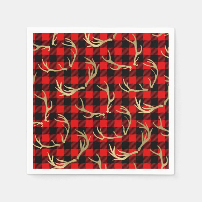 Red & Black Buffalo Plaid & Gold Deer Antlers Napkin (Front)