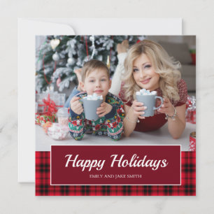Red Black Buffalo Plaid Happy Holidays Photo Holiday Card