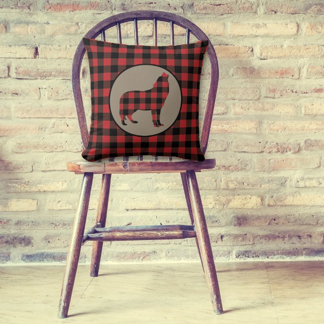 Red Black Buffalo Plaid Howling Wolf Throw Pillow (Creator Uploaded)