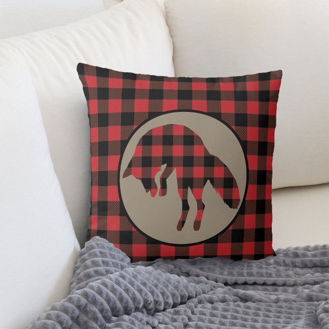 Red Black Buffalo Plaid Jumping Fox Throw Pillow (Creator Uploaded)