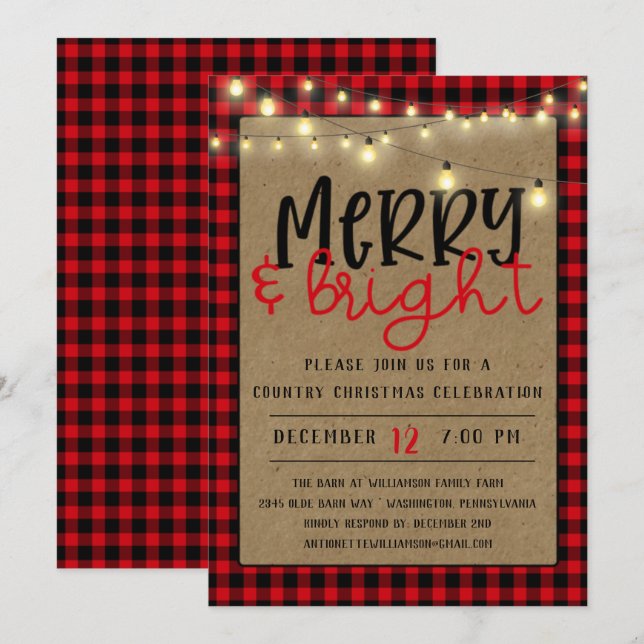 Red Black Buffalo Plaid Kraft  Christmas Party In Invitation (Front/Back)
