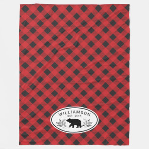 Red Black Buffalo Plaid Lumberjack Bear Monogram Fleece Blanket