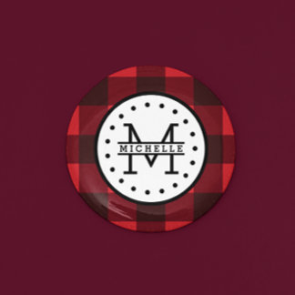 Red black Buffalo Plaid Lumberjack Name Monogram 1 Inch Round Button