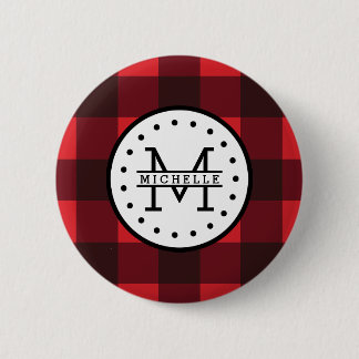 Red black Buffalo Plaid Lumberjack Name Monogram 2 Inch Round Button