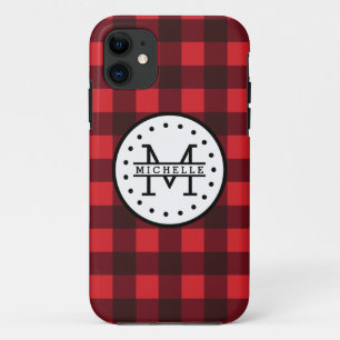 Red black Buffalo Plaid Lumberjack Name Monogram iPhone 11 Case